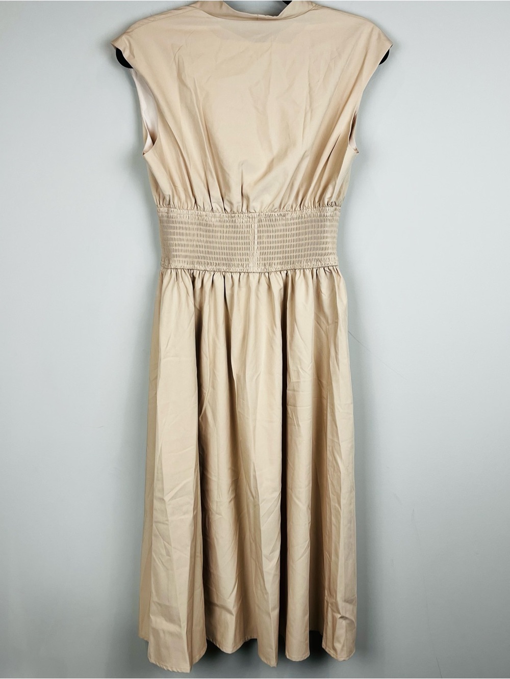 NWT Grace Karin Zipper Front Smocked Waist Cap Sleeve Midi Dress Tan Small - Picture 9 of 15